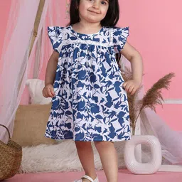 Cutiekins Girls Floral Print Round Neck Flutter Sleeve A-Line Dress-32