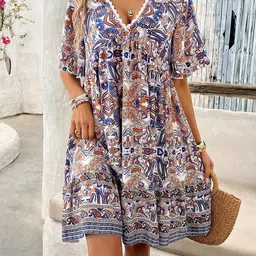 StyleCast x Revolte Blue Floral Printed V-Neck Flared Sleeves A-Line Dress-image-48