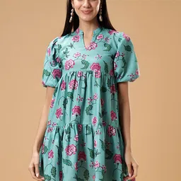 Bani Women Floral Print Mandarin Collar Puff Sleeves Tiered A-Line Dress-picture-18