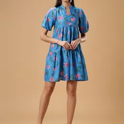 Bani Women Floral Print Mandarin Collar Puff Sleeves Tiered A-Line Dress-picture-15