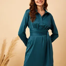 MINT STREET Shirt Collar Cuffed Sleeves Satin A-Line Dress-picture-16