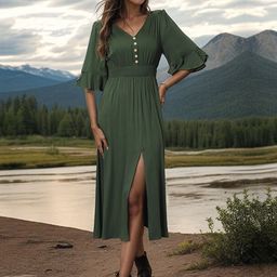 all about you Green V-Neck A-Line Dress-image-75
