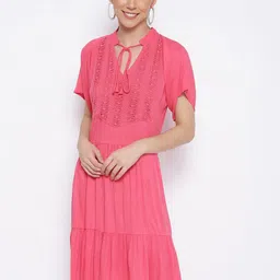 MARC LOUIS Women Pink Tie-Up Neck Crepe A-Line Dress-image-30