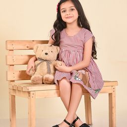 LilPicks Girls Striped Round Neck Gathered Cotton A-Line Dress-image-24