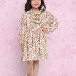 Indo Era Girls Orange Floral Printed Puff Sleeves Cotton A-Line Dress-image-14