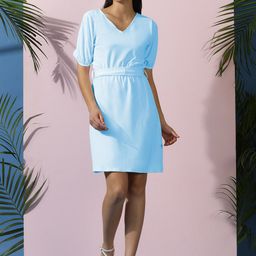 Stylecast X Kotty Blue V Neck Short Puff Sleeve A-Line Dress-image-74