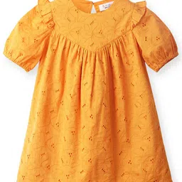 Beebay Girls Schiffli Round Neck Puff Sleeve Cotton A-Line Dress-picture-47