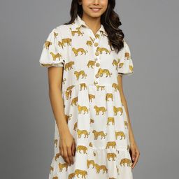 HANDICRAFT PALACE Tiger Print Collared Puff Sleeve A-Line Dress-picture-42