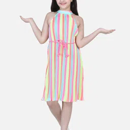 StyleStone Yellow & Red Striped Halter Neck Crepe A-Line Dress-1