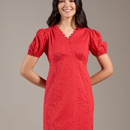 20Dresses Red Schiffli Embroidered V-Neck Puff Sleeve Pre Cotton A-Line Mini Dress-image-40