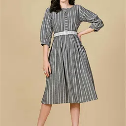 TextileNow Striped Pure Cotton Puff Sleeve A-Line Dress-image-1