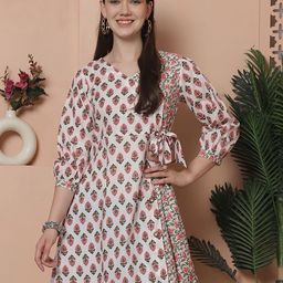 Rajnandini Floral Print V-Neck Angrakha Cotton A-Line Dress-image-10