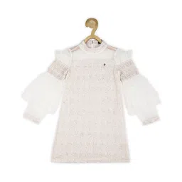Allen Solly Junior Girls Self Design High Neck Smocked Detail Pure Cotton A-Line Dress-picture-29