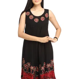 Exotic India Black And Maroon Batik-Dyed Printed Trees Dress with Threadwork-image-97