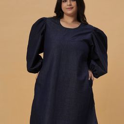 Turning Blue Plus Size Long Sleeves Round Neck Cotton Denim Short Dress-14