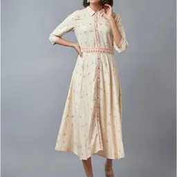 W White Ethnic Motifs Shirt Midi A-Line Dress-image-34