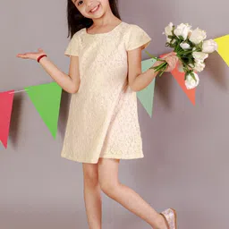 KidsDew Girls Self Design Cap Sleeves Lace A-Line Dress-36
