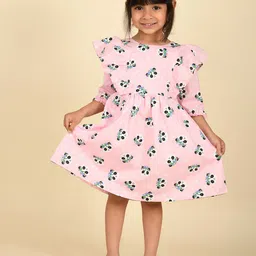 LIL PITAARA Girls Boat Neck Conversational Printed Ruffles Cotton Fit & Flare Dress-image-92