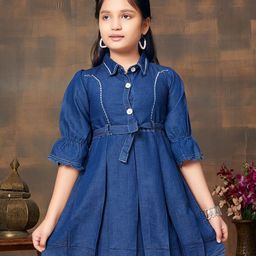 Aarika Girls Puff Sleeves Cotton Denim A-Line Dress with Belt-37