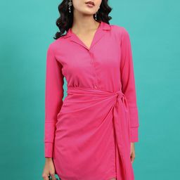 Tokyo Talkies Pink Lapel Collar Cuffed Sleeves Tie-Up Detailed Shirt Dress-image-32
