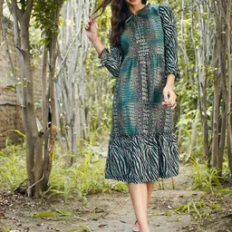 Athena Green Animal Tie-Up Neck Dress-89