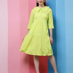 Athena Green Self Design Peter Pan Collar A-Line Dress-85