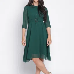 DRAAX Fashions Peter Pan Collar Puff Sleeves Belted Fit & Flare Dress-image-21