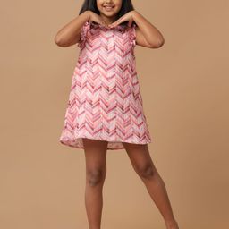 UNDER FOURTEEN ONLY Girls Chevron Printed Round Neck Crepe A-Line Dress-image-95