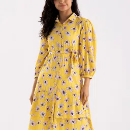 AASK Floral Printed Crepe Layered Puff Sleeves Fit & Flare Dress With Belt-picture-58