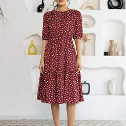 AASK Floral Print Crepe A-Line Midi Dress-image-25