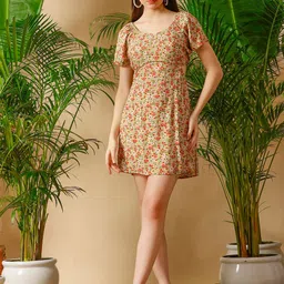 DEBONATELLA Floral Printed Round Neck Cut-Outs Crepe A-Line Dress-picture-10