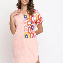 am ma Peach-Coloured Abstract Printed A-Line Dress-image-47