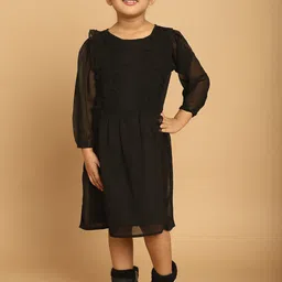 MINI & MING Girls Self Design Round Neck Puff Sleeve Georgette A-Line Dress-picture-19