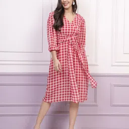 Athena Checked Tie-Ups Georgette Wrap Dress-image-5