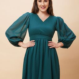 Globus Green Self Design Puff Sleeve Gathered Fit & Flared Dress-image-72
