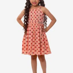 CACA CINA Peach-Coloured Polka Dot Print A-Line Dress-image-66