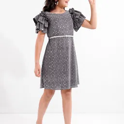 Hola Bonita Girls Round Neck Print Flutter Sleeve A-Line Dress-image-10