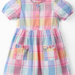 Beebay Girls Checked Puff Sleeves Pure Cotton A-Line Dress-22