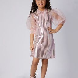 Peppermint Girls Striped Bow Detailed Puff Sleeves Semi Sheer Net Sheath Dress-image-42