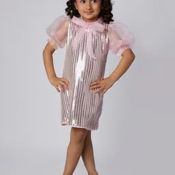Peppermint Girls Embellished Puff Sleeves Sequinned Net Sheath Dress-27