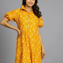 HANDICRAFT PALACE Geometric Collared Puff Sleeve A-Line Dress-image-15