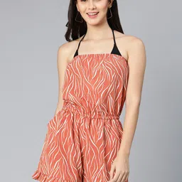 Oxolloxo Women Peach Printed Off-Shoulder Beach Dress-image-14