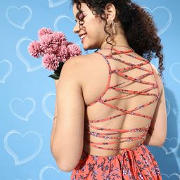 Berrylush Orange Floral Print Lace Up Back Crepe Dress-image-13