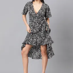 Kotty Black & White Floral Printed Flared Sleeves Crepe Ruffles Wrap Dress-image-31