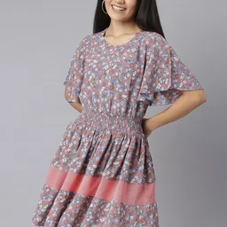StyleStone Women Grey & Peach-Coloured Floral Printed Fit and Flare Crepe Dress-7