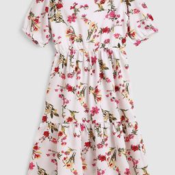 YK Girls White & Red Floral Printed Crepe Dress-picture-1
