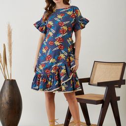 The Kaftan Company Navy Blue Floral Printed Boat Neck Denim A-Line Dress-image-35