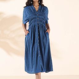trueBrowns Ikat Printed Gathered Cotton Dobby Shirt Midi Ethnic Dress-image-15