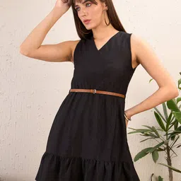 SASSAFRAS Black V-Neck Schiffli Fit & Flare Dress-image-32