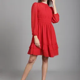 MARC LOUIS High Neck Puffed Sleeve Fit & Flare Dress-image-58